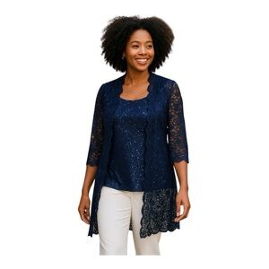 R&M Richards Navy Blue Scallop Lace Duster & Tank Top Set - Size 8P